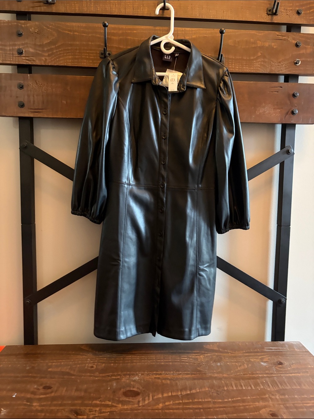 GAP Black Faux Leather Button-Front Jacket Dress
